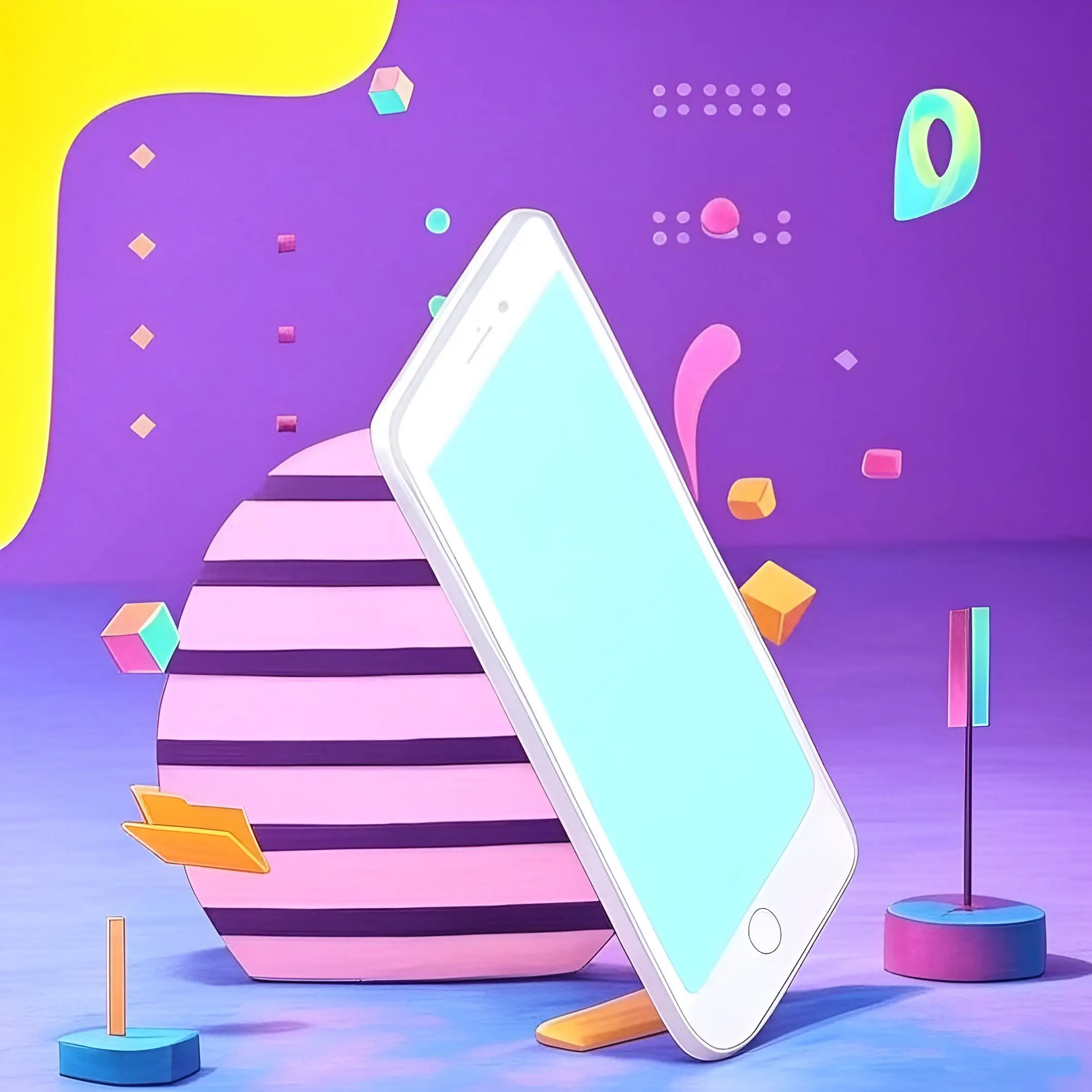 An iPhone rests on a vibrant, colorful object in a hotel setting, showcasing a blend of technology and decor