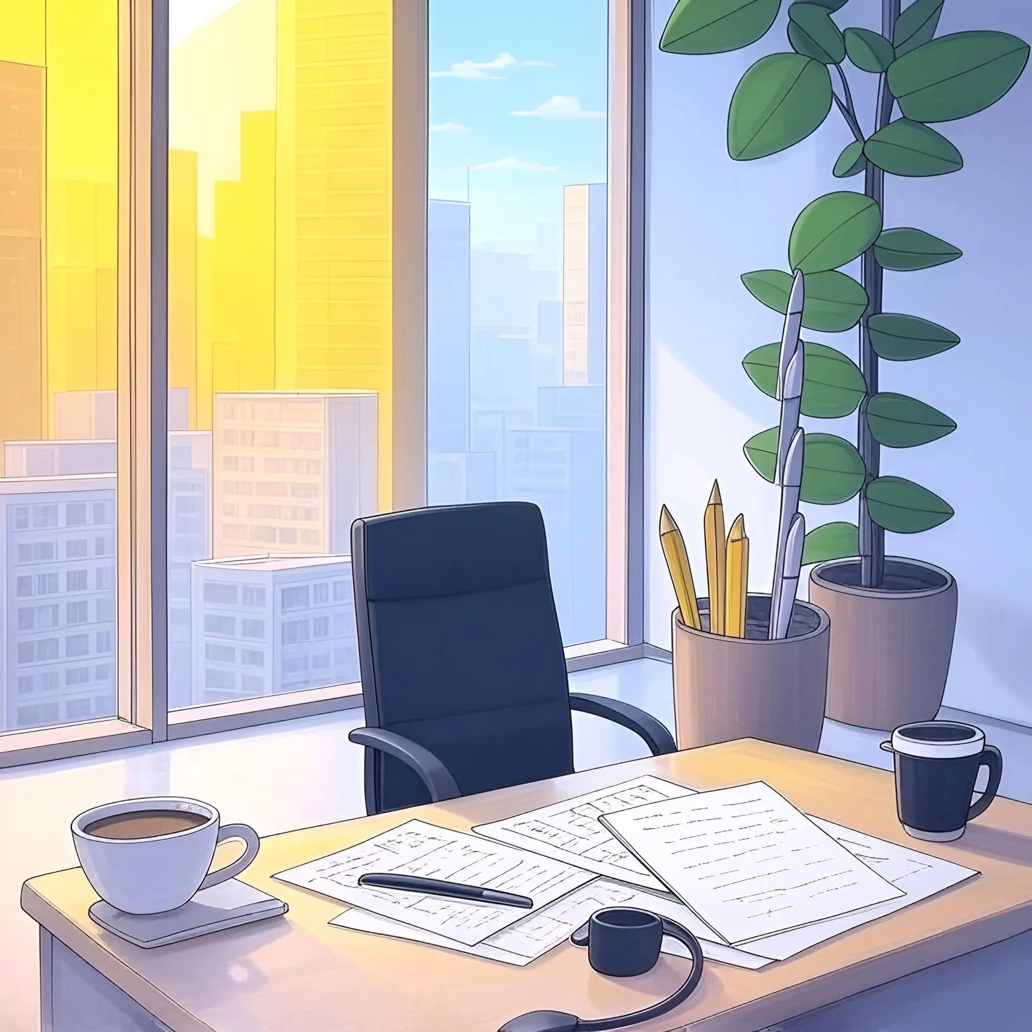 An office area with a desk and a plant, ideal for hotel booking services and guest assistance