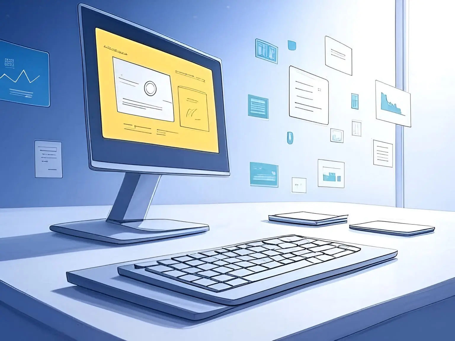 Desk setup featuring a computer monitor, keyboard, and mouse, ideal for managing hotel bookings.