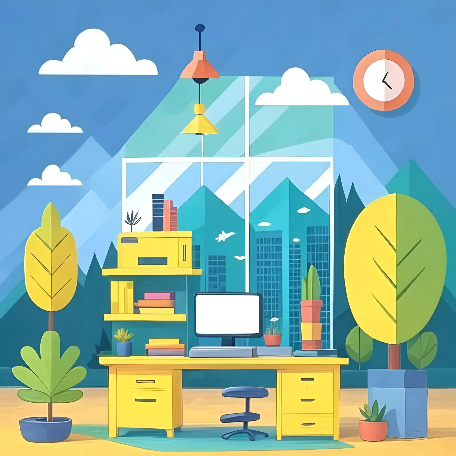 Modern office space with a desk, greenery, and a stunning mountain backdrop, perfect for hotel booking needs